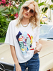 Chemisier blanc pour femme col bijou manches mi-longues en coton imprimé motif passepoil surdimensionné t-shirt