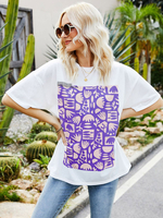 Chemisier blanc pour femme col bijou manches mi-longues en coton imprimé motif passepoil surdimensionné t-shirt