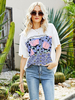 Chemisier blanc pour femme col bijou manches mi-longues imprimé motif passepoil coton t-shirt surdimensionné