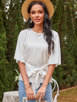 Chemisier blanc pour femmes à lacets col bijou noué décontracté demi-manches Polyester T-shirt surdimensionné