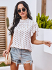 Chemisier blanc pour femmes à pois extensible plissé passepoil bijou cou décontracté manches courtes hauts en polyester