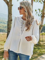 Chemisier blanc pour femmes découpé plissé col bijou décontracté manches longues chemise surdimensionnée en polyester