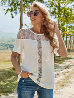 Chemisier blanc pour femmes Polyester col bijou surdimensionné décontracté en dentelle découpé manches courtes T-shirt dété
