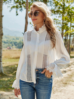 Chemisier blanc pour femmes Polyester col haut surdimensionné décontracté découpé à volants manches longues hauts dété