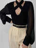 Chemisier Blouse Court Femme à Col V à Lacets avec Manches Longues Amples Unicolore