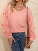 Chemisier Blouse Court Femme à Col V avec Manches Longues Unicolore Blouse Femme