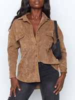 Chemisier Blouse Courte Femme à Col Revers avec Manches Longues avec Boutons Unicolore