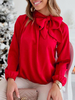 Chemisier Blouse Courte Femme à Col Rond à Lacets avec Manches Longues Amples Unicolore