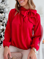 Chemisier Blouse Courte Femme à Col Rond à Lacets avec Manches Longues Amples Unicolore