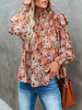 Chemisier Blouse Courte Imprimé Fleurie à Col Montant avec Manches Longues Bicolores Blouse Femme