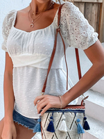 Chemisier Blouse Femme à Col Carré avec Manches Courtes Amples Unicolore