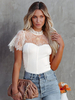 Chemisier Blouse Femme à Col Montant avec Manches Courtes Volantes Unicolore