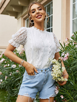 Chemisier Blouse Femme à Col Rond avec Manches Courtes Amples Unicolore