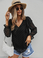 Chemisier Blouse Femme en Mousseline à Col V avec Manches Longues Amples Unicolore