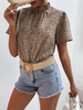 Chemisier Blouse Femme Imprimé à Col Montant avec Manches Courtes Bicolores