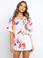 Chemisier Blouse Femme Imprimé à Col Revers avec Manches Courtes