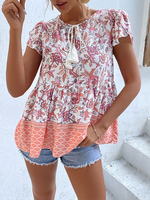 Chemisier Blouse Femme Imprimé à Col Rond à Lacets avec Manches Courtes Bas Evasée