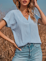 Chemisier Blouse Femme Imprimé à Col V avec Manches Courtes Bicolores
