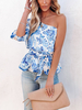 Chemisier Blouse Femme Imprimé avec Manche Longue avec Epaule Dénudée Coupe Cintrée à Lacets Bicolores
