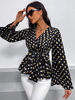 Chemisier Blouse Femme Imprimé avec Manches Longues Volantes à Col V Coupe Cintrée à Lacets