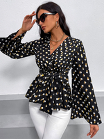 Chemisier Blouse Femme Imprimé avec Manches Longues Volantes à Col V Coupe Cintrée à Lacets