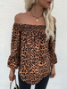 Chemisier Blouse Femme Imprimé Léopard avec Epaule Dénudée avec Manches Longues Amples Bicolores