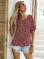 Chemisier Blouse Imprimé Fleurie Femme avec Manches Courtes Volantes à Col V