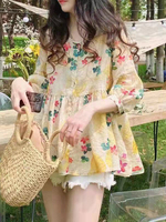 Chemisier Blouse Imprimé Fleurie Femme avec Manches Longues Amples à Col Revers avec Boutons Bas Evasée