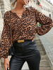 Chemisier Blouse Sexy en Mousseline Imprimé Léopard à Col V avec Manches Longues Amples Bicolores
