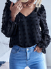 Chemisier Blouse T-short Court Femme à Col V avec Manches Longues Amples Unicolore