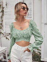 Chemisier Blouse Taille Haute Femme Imprimé à Col Rond avec Manches Longues Amples