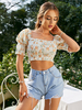 Chemisier Blouse Top Sexy Imprimés Fleurie à Col Carré avec Manches Courtes Amples Taille Haute