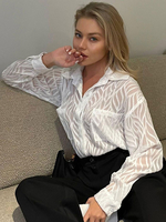 Chemisier Blouse Transparent Imprimé à Col Revers avec Manches Longues Unicolore