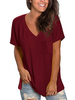 Chemisier bordeaux pour femme T-shirt décontracté en polyester à manches courtes et col en V