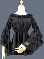 Chemisier classique Lolita en dentelle à volants superposés Bowknot Hime manches en mousseline de soie noire Top Lolita Déguisements Halloween