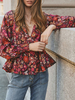 Chemisier Courte Imprimé Fleurie à Col V avec Manches Longues Coupe Cintrée Bas Evasée Blouse Femme