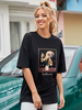 Chemisier dété noir pour femme manches courtes col bijou polyester imprimé floral t-shirt décontracté