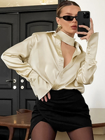 Chemisier en satin champagne avec col rabattu et ras du cou hauts décontractés à manches longues pour femmes printemps 2025