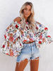 Chemisier Femme à Col Rond avec Epaules Nus avec Manches Longues Amples Imprimé avec Fleurs Taille Haute Top Chemisier Femmes