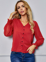 Chemisier Femme à Col V Fermeture avec Boutons avec Manches Longues Amples Imprimé avec Pois Unicolores Top Chemisier Femmes