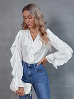 Chemisier Femme Blanc Boutons Volants Col V Décontracté Manches Longues Tops