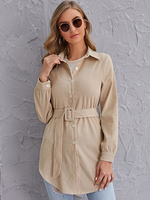 Chemisier Femme Blouse à Col Revers avec Manches Longues Coupe Cintrée à Lacets Unicolore