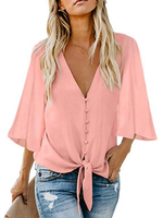 Chemisier Femme Blouse Femme à Col Décolleté en V avec Manches Mi-longue Volante Coupe Cintrée à Lacets Unicolore Chemisier Femme Chic