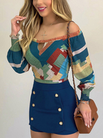 Chemisier Femme Chemise Décontractée Imprimée Géométrique Bleue à Manches Longues