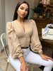 Chemisier Femme Col V Manches Longues Polyester T-shirt Kaki