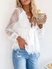 Chemisier Femme Dentelle Blanche Col En V Décontracté À Lacets Transparent Évider Manches Longues Tops