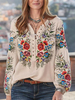 Chemisier Femme Floral Brodé Col V Manches Longues Chemise Tops