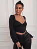 Chemisier Femme Haut Sexy Taille Haute avec Manches Longues à Col Décolleté en V Unicolore