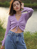 Chemisier femme lilas violet manches longues cordon de serrage convertible à lacets col en V polyester t-shirt