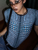 Chemisier Femme Manches Courtes T-shirt Bleu Polyester Imprimé Stretch Piping Jewel Neck